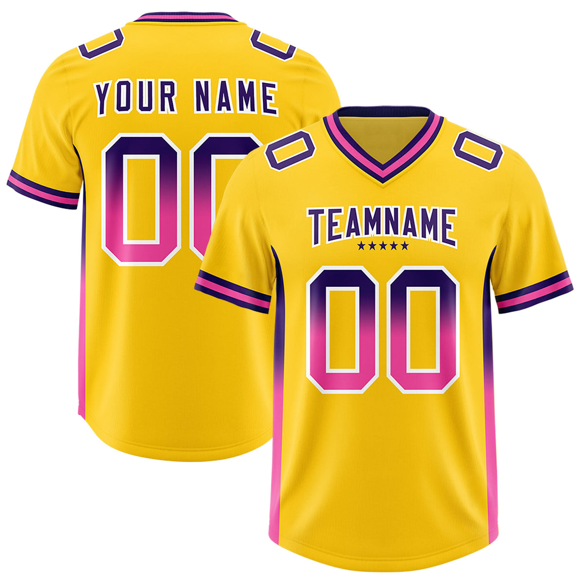 Custom Gold Purple and Pink Sides Gradient Fashion Personalized Team Football Jersey