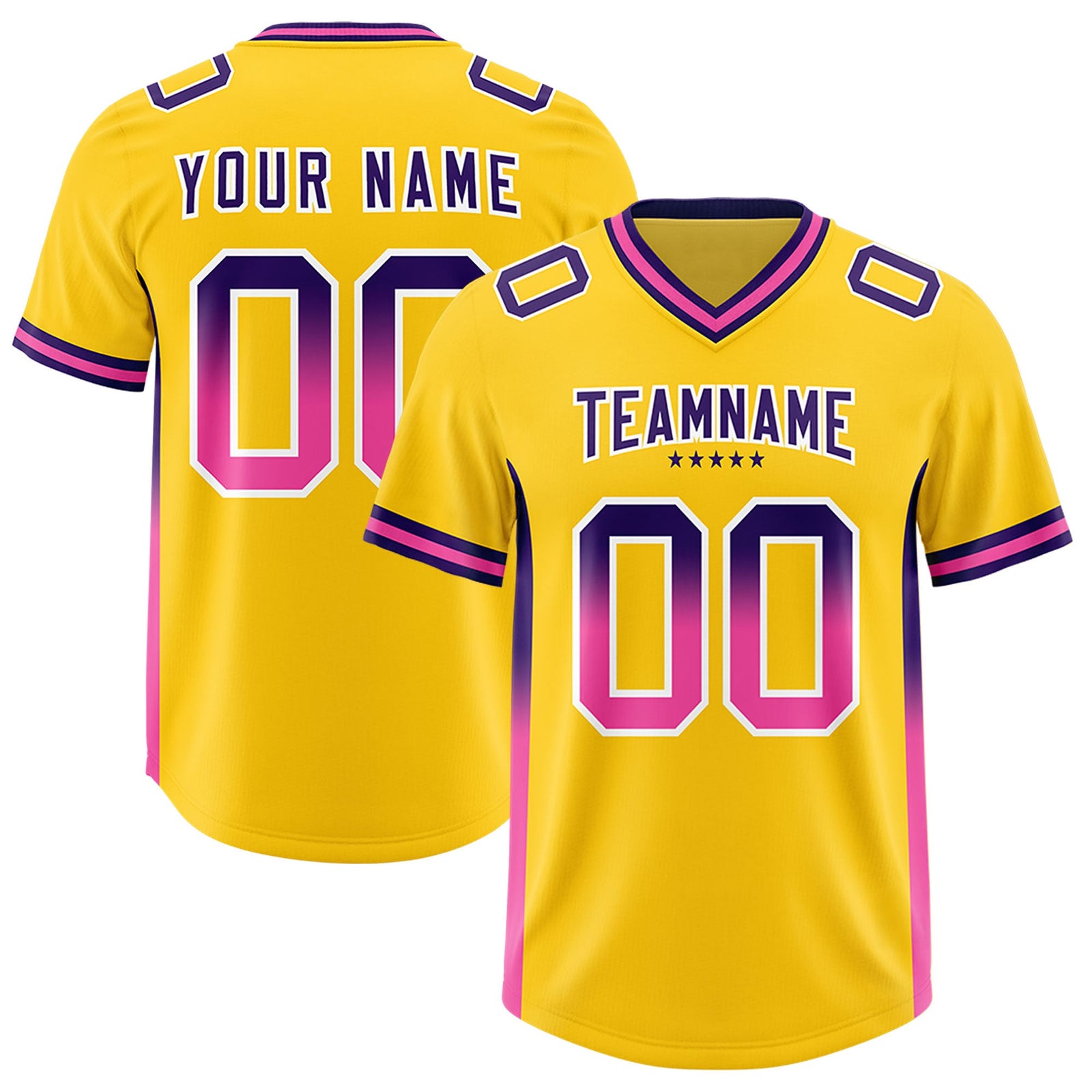 Custom Gold Purple and Pink Sides Gradient Fashion Personalized Team Football Jersey