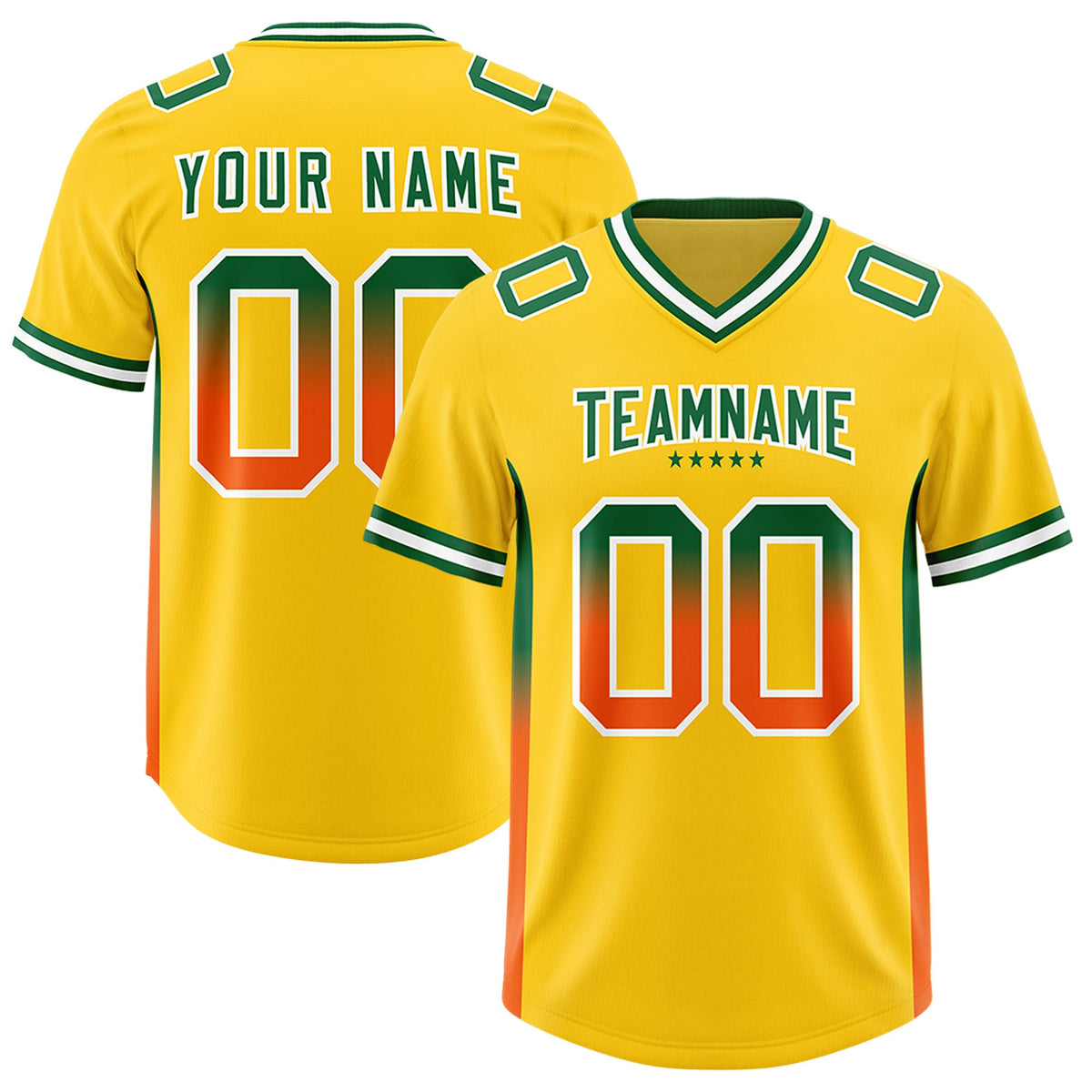 Custom Gold Kelly Green and Orange Sides Gradient Fashion Personalized Team Football Jersey