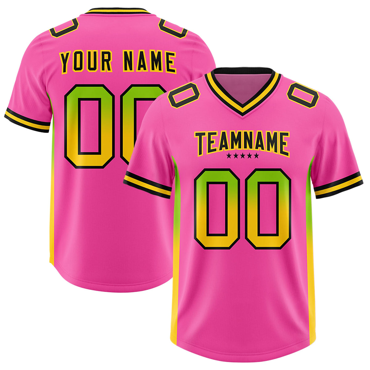 Custom Pink Neon Green and Gold Sides Gradient Fashion Personalized Team Football Jersey