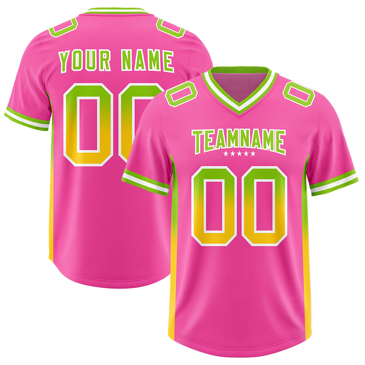 Custom Pink Neon Green and Gold Sides Gradient Fashion Personalized Team Football Jersey