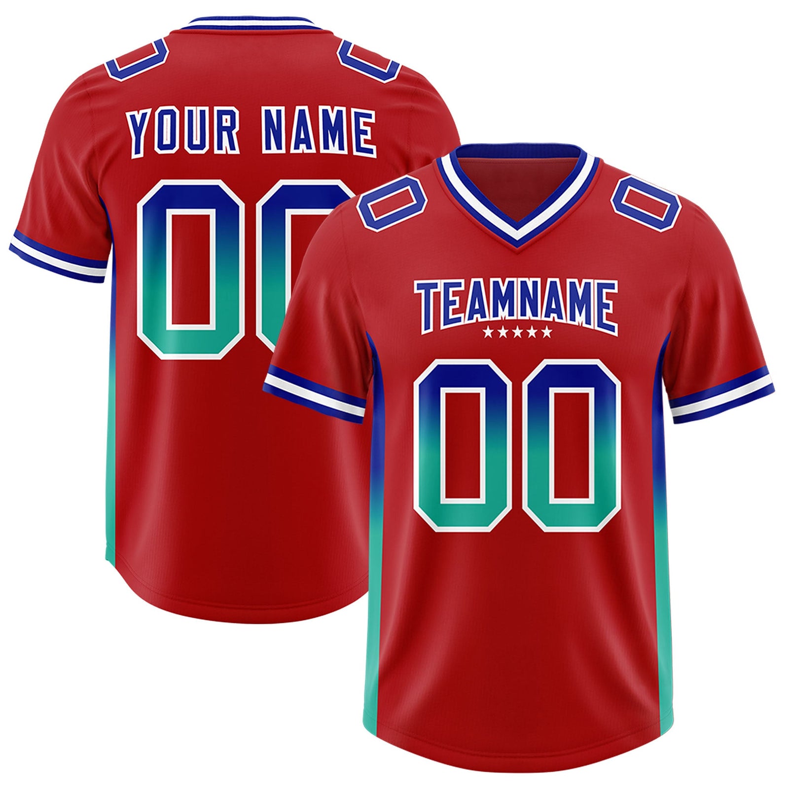 Custom Red Royal and Bright Green Sides Gradient Fashion Personalized Team Football Jersey