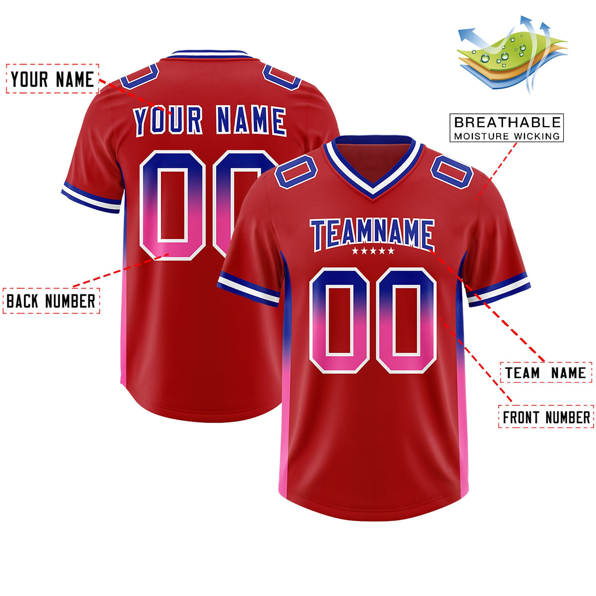 Custom Red Royal and Pink Sides Gradient Fashion Personalized Team Football Jersey