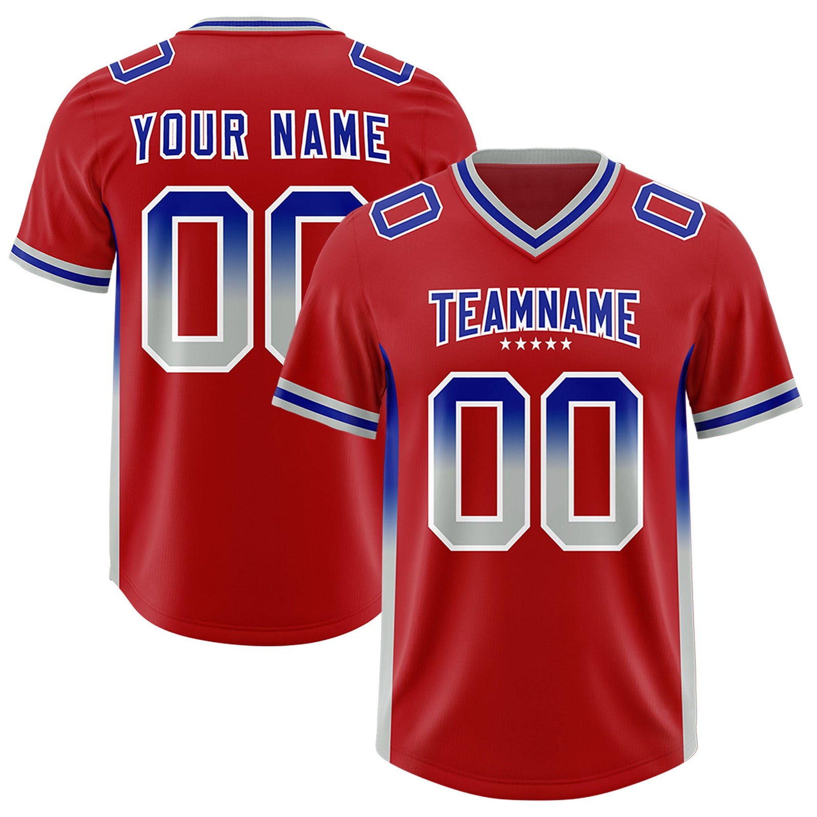 Custom Red Royal and Gray Sides Gradient Fashion Personalized Team Football Jersey