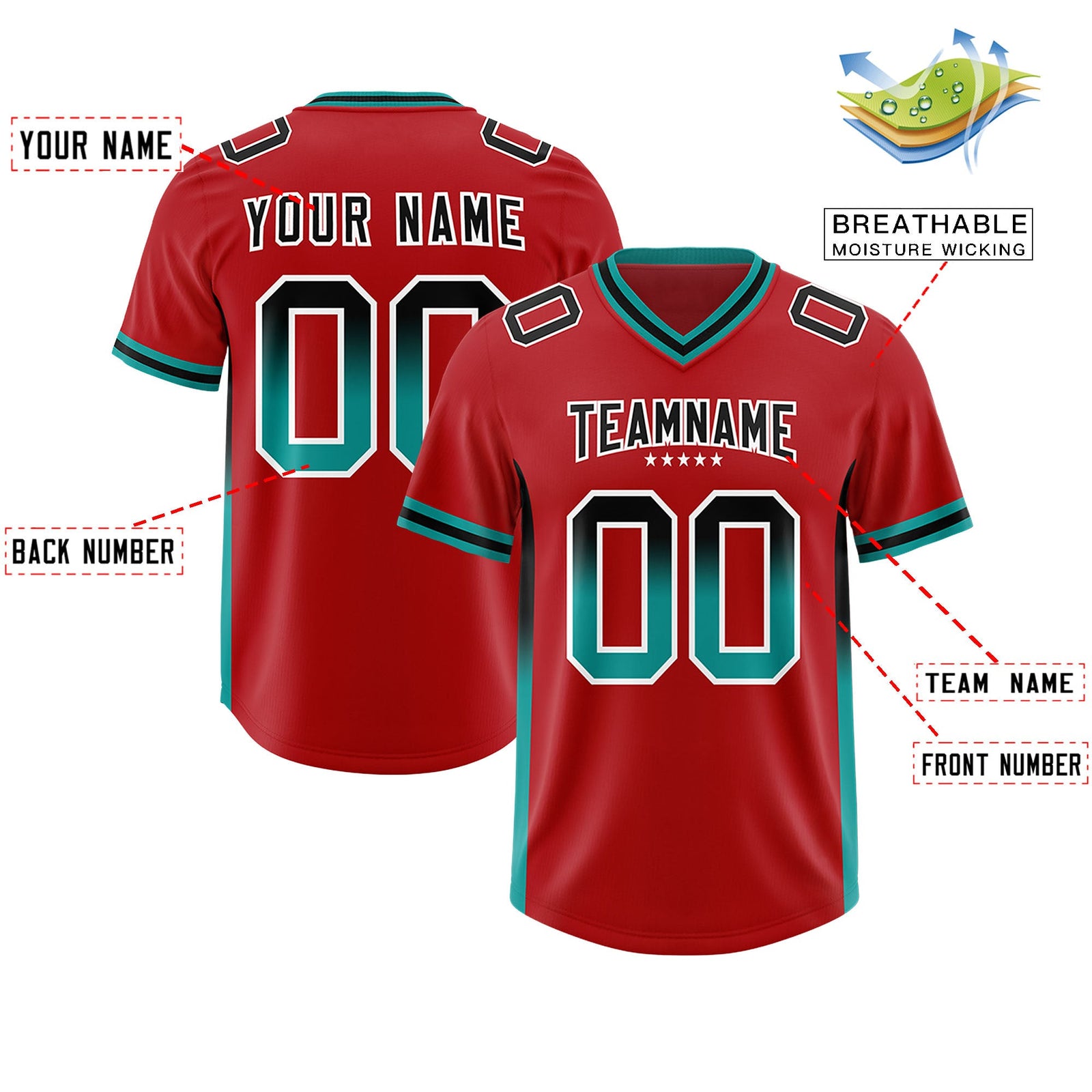 Custom Red Black and Aqua Sides Gradient Fashion Personalized Team Football Jersey