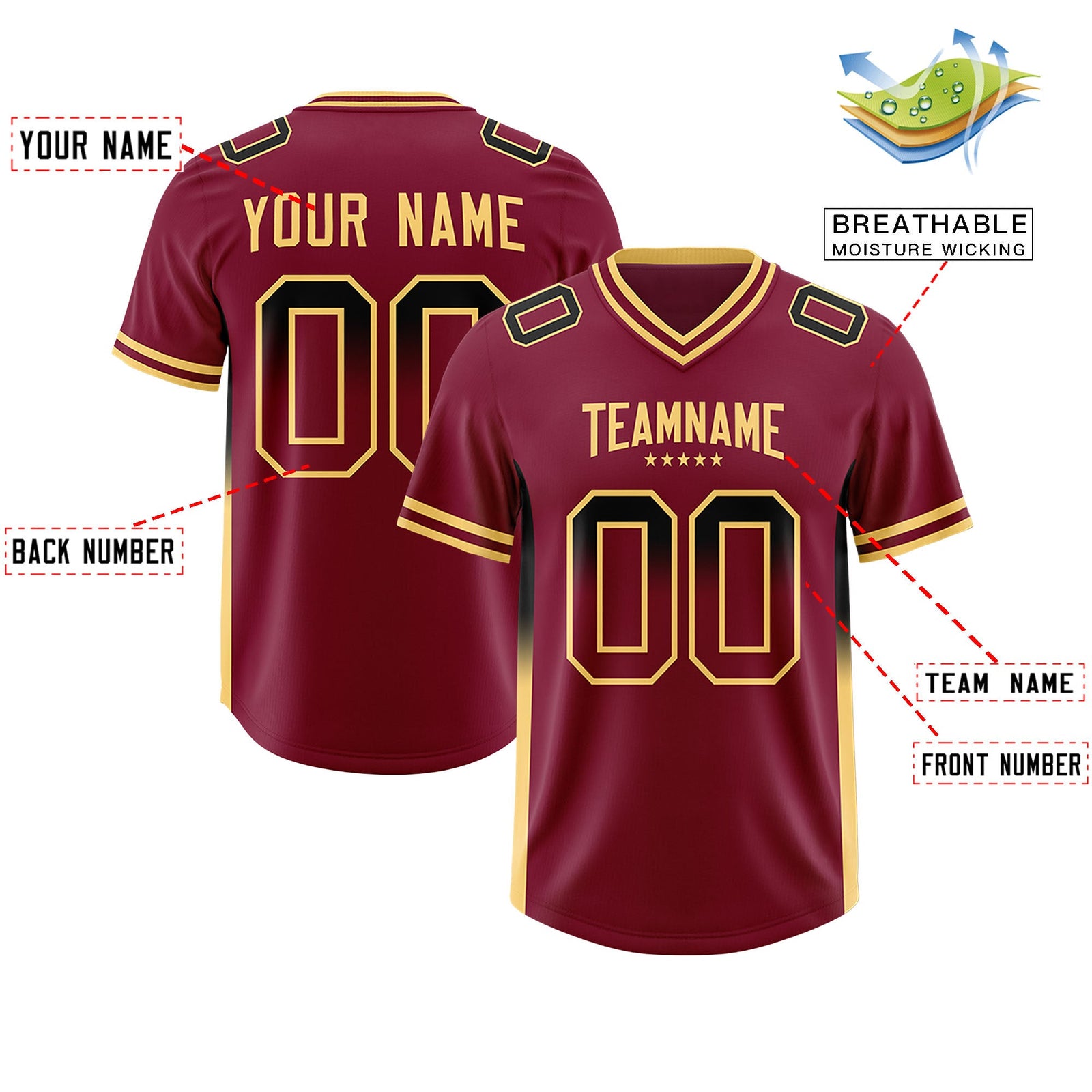 Custom Cardinal Black and Khaki Sides Gradient Fashion Personalized Team Football Jersey