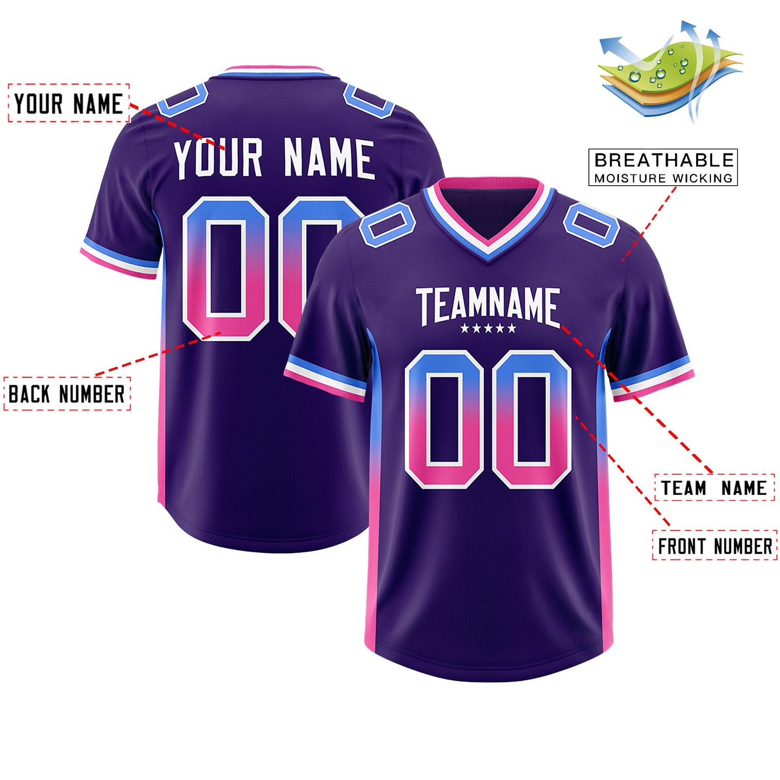 Custom Purple Powder Blue and Pink Sides Gradient Fashion Personalized Team Football Jersey