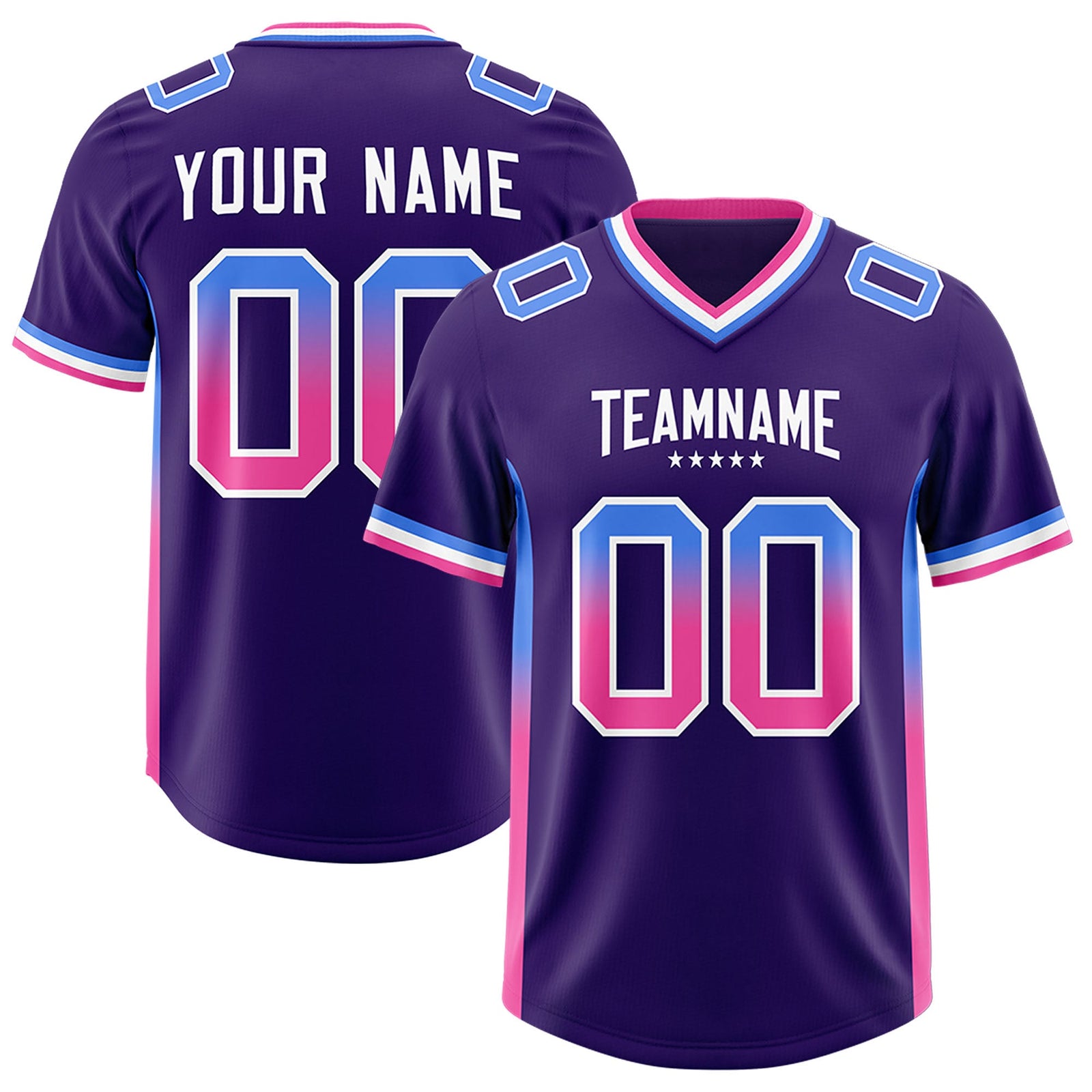 Custom Purple Powder Blue and Pink Sides Gradient Fashion Personalized Team Football Jersey