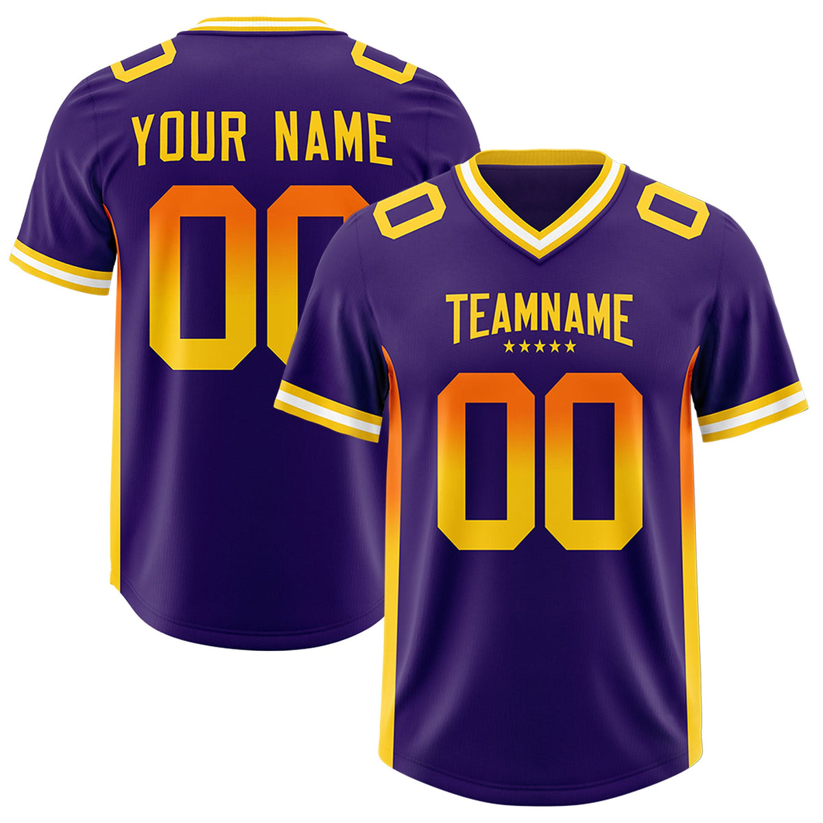 Custom Purple Orange and Gold Sides Gradient Fashion Personalized Team Football Jersey
