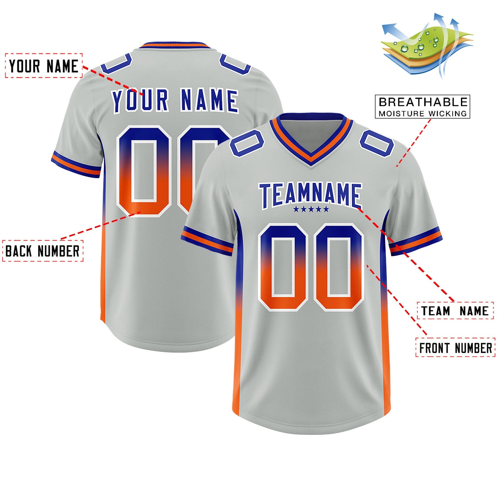 Custom Gray Royal and Orange Sides Gradient Fashion Personalized Team Football Jersey
