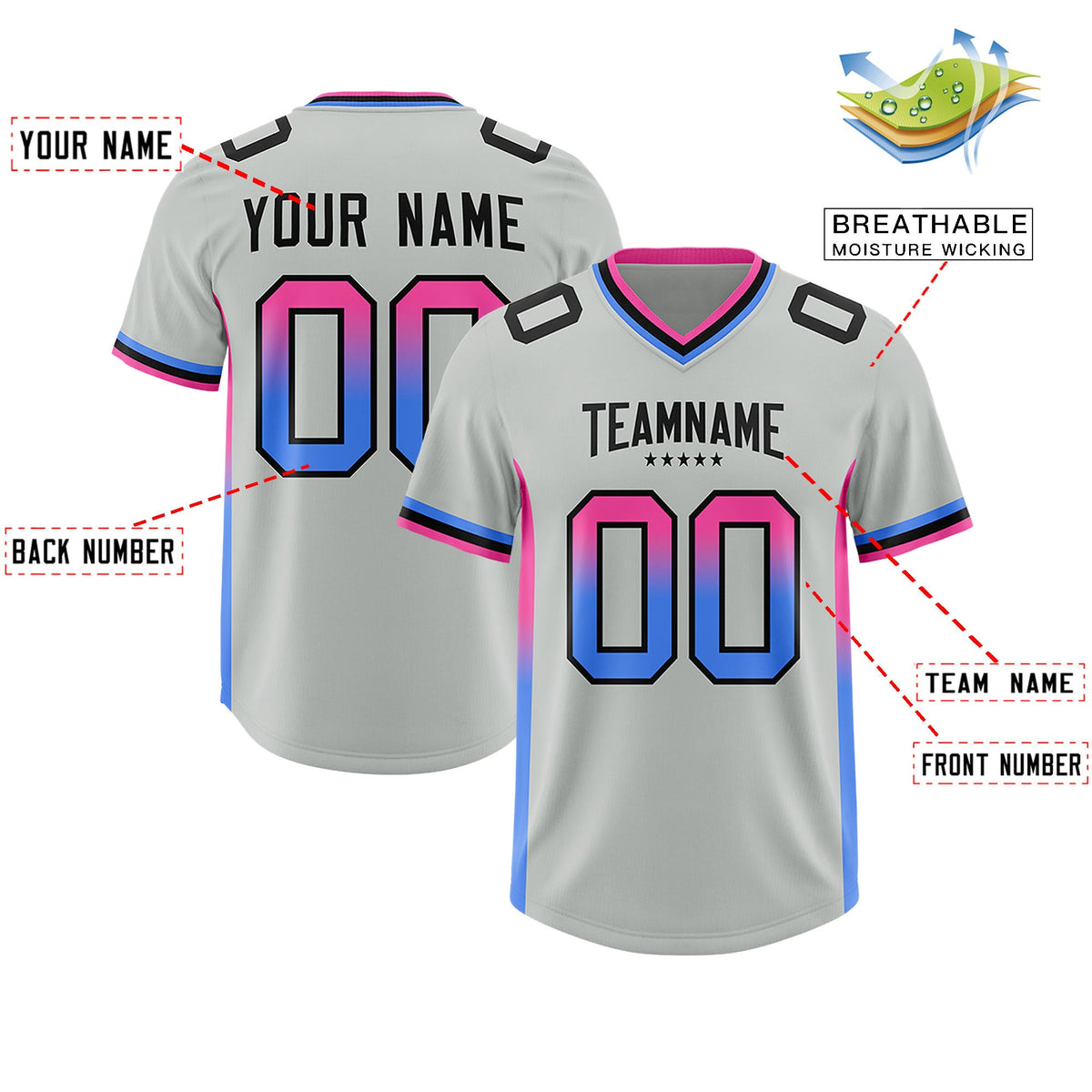 Custom Gray Pink and Powder Blue Sides Gradient Fashion Personalized Team Football Jersey