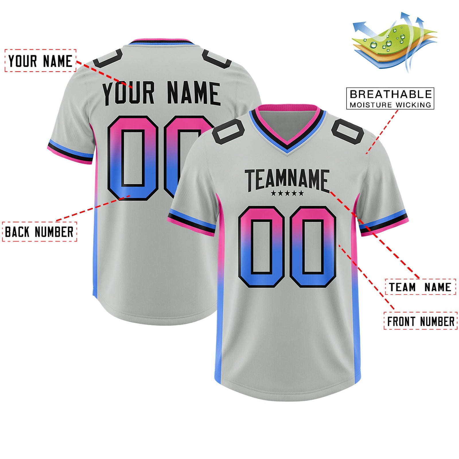 Custom Gray Pink and Powder Blue Sides Gradient Fashion Personalized Team Football Jersey
