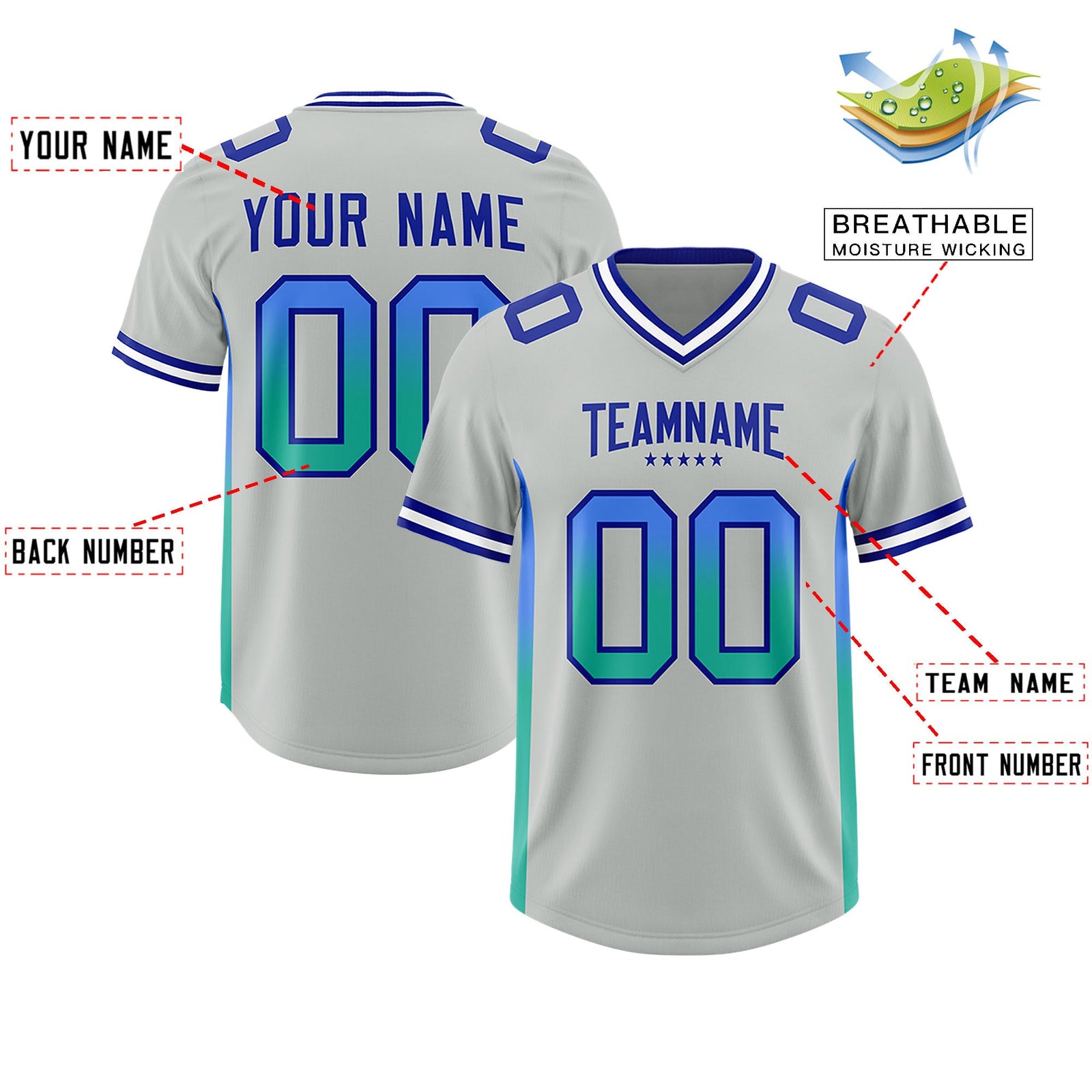 Custom Gray Powder Blue and Bright Green Sides Gradient Fashion Personalized Team Football Jersey