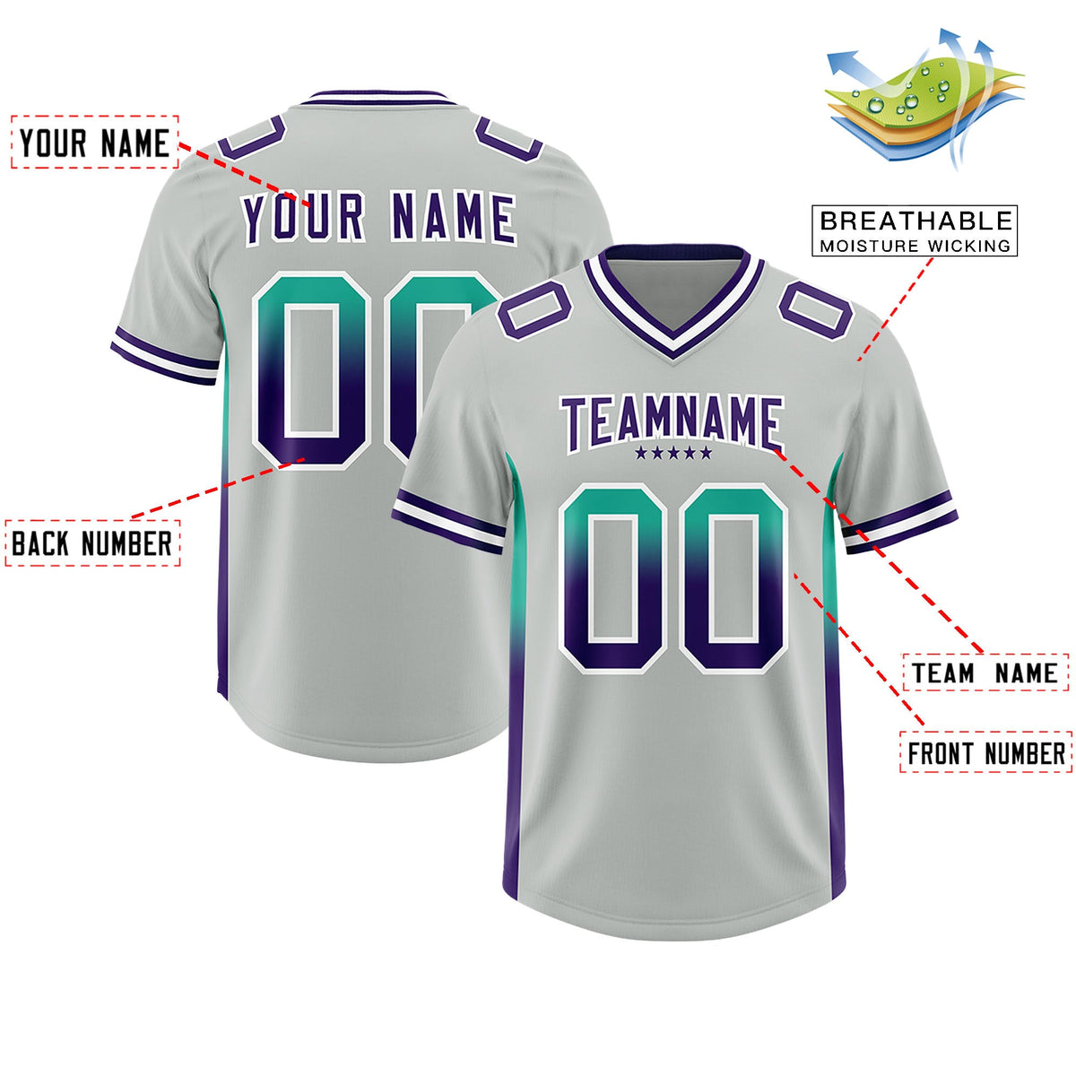 Custom Gray Bright Green and Purple Sides Gradient Fashion Personalized Team Football Jersey