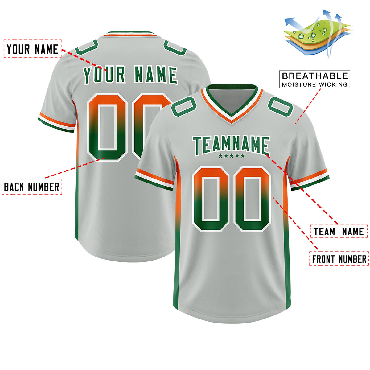 Custom Gray Orange and Kelly Green Sides Gradient Fashion Personalized Team Football Jersey