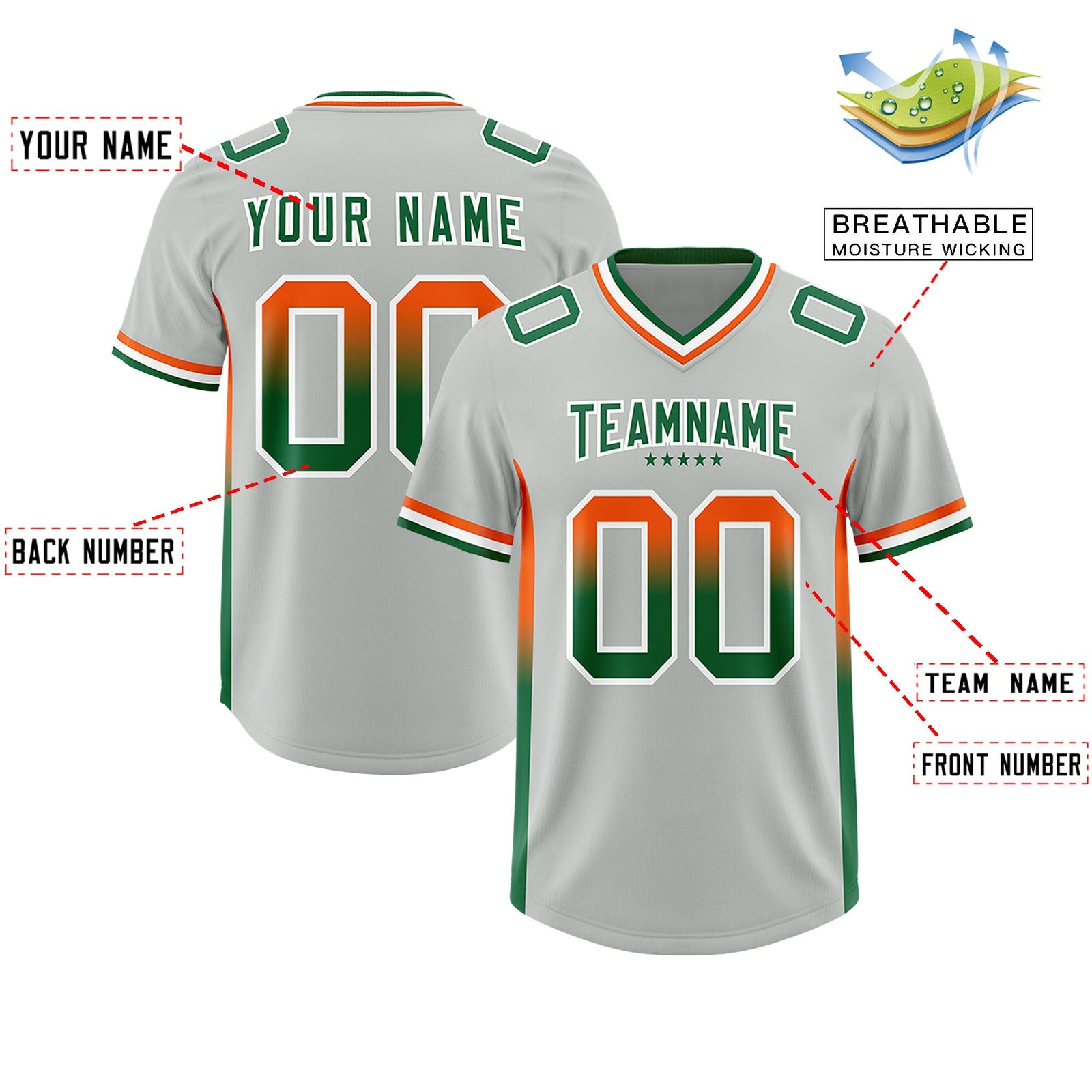 Custom Gray Orange and Kelly Green Sides Gradient Fashion Personalized Team Football Jersey