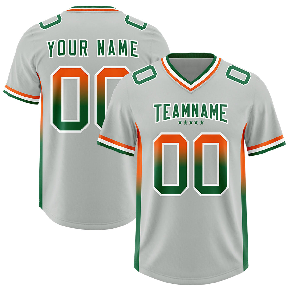 Custom Gray Orange and Kelly Green Sides Gradient Fashion Personalized Team Football Jersey