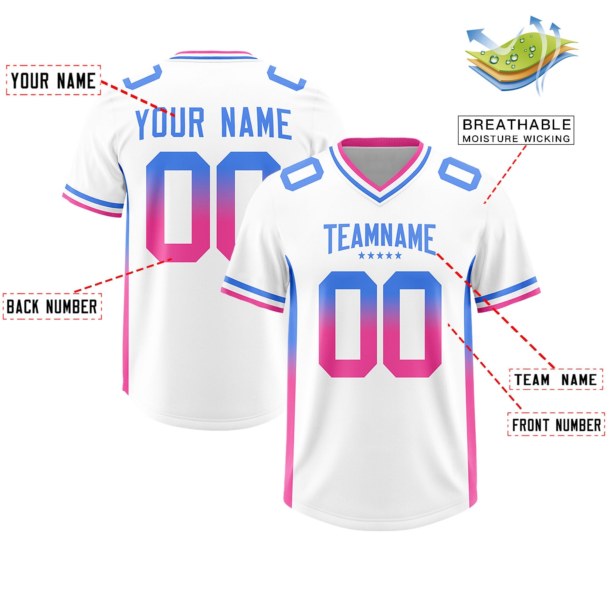 Custom White Powder Blue and Pink Sides Gradient Fashion Personalized Team Football Jersey