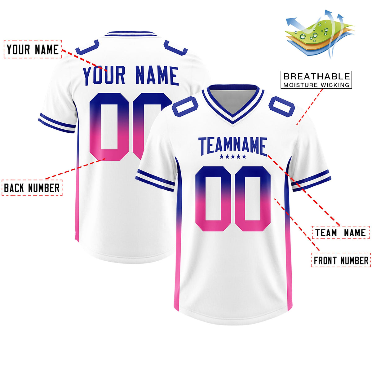 Custom White Royal and Pink Sides Gradient Fashion Personalized Team Football Jersey