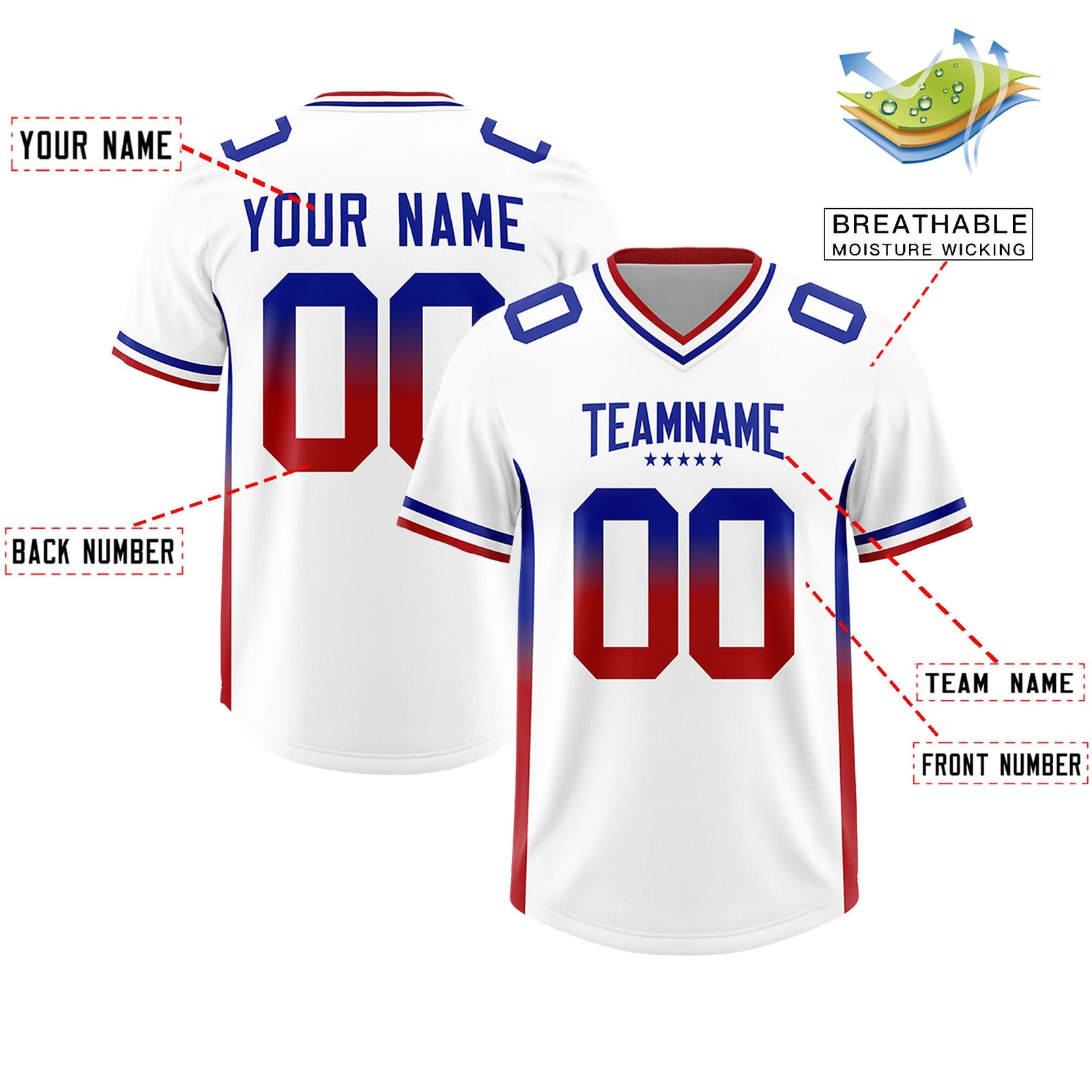 Custom White Royal and Red Sides Gradient Fashion Personalized Team Football Jersey