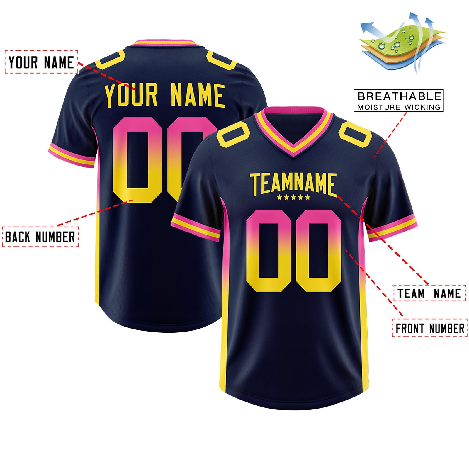 Custom Navy Pink and Gold Sides Gradient Fashion Personalized Team Football Jersey