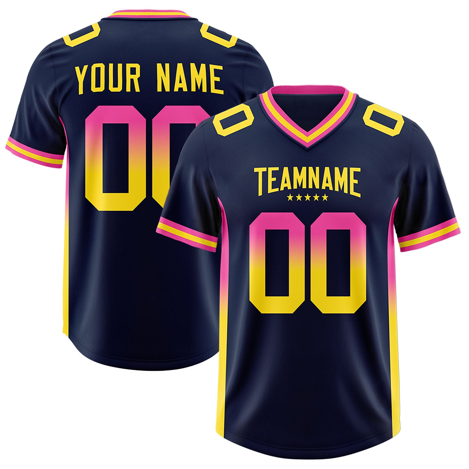 Custom Navy Pink and Gold Sides Gradient Fashion Personalized Team Football Jersey