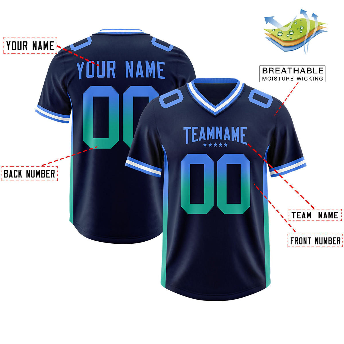 Custom Navy Powder Blue and Bright Green Sides Gradient Fashion Personalized Team Football Jersey