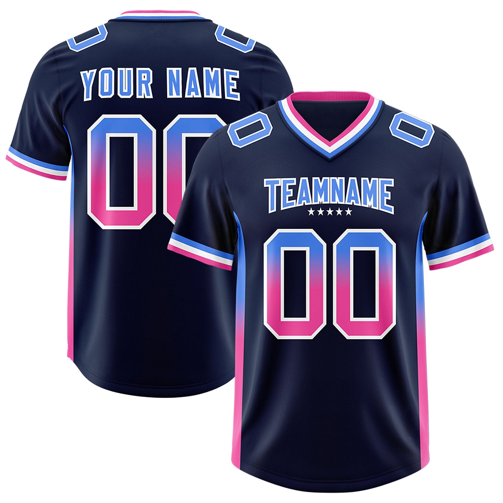 Custom Navy Powder Blue and Pink Sides Gradient Fashion Personalized Team Football Jersey