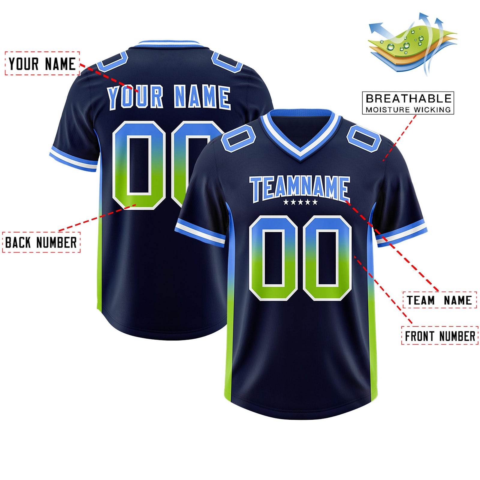 Custom Navy Powder Blue and Neon Green Sides Gradient Fashion Personalized Team Football Jersey