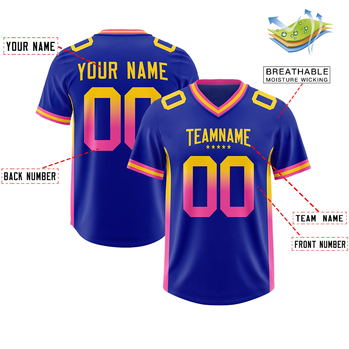 Custom Royal Gold Sides Gradient Fashion Personalized Team Football Jersey