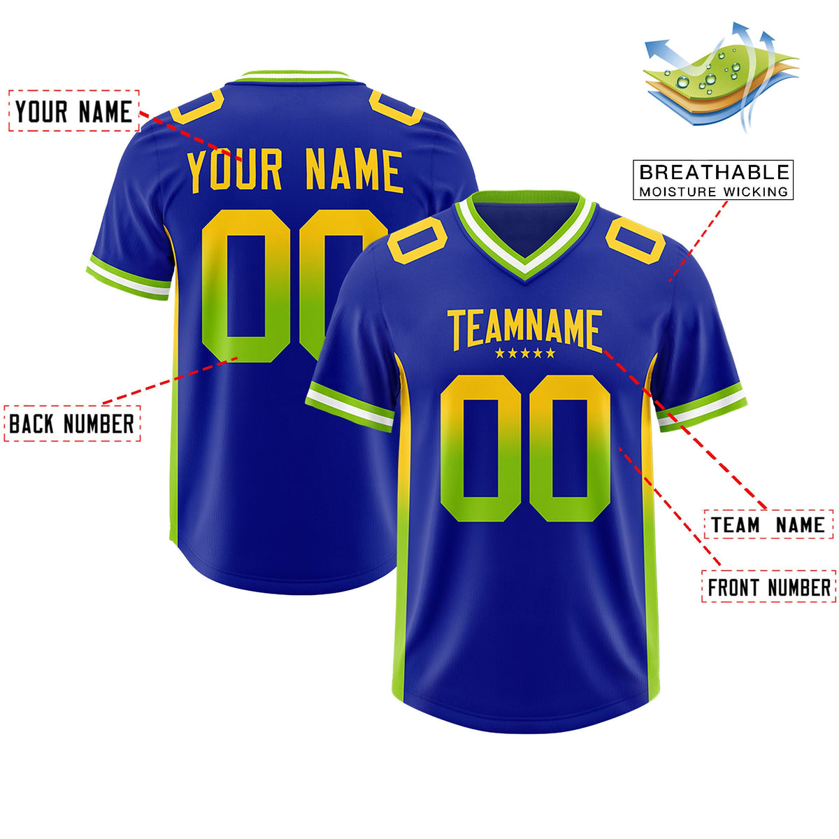 Custom Royal Gold Sides Gradient Fashion Personalized Team Football Jersey