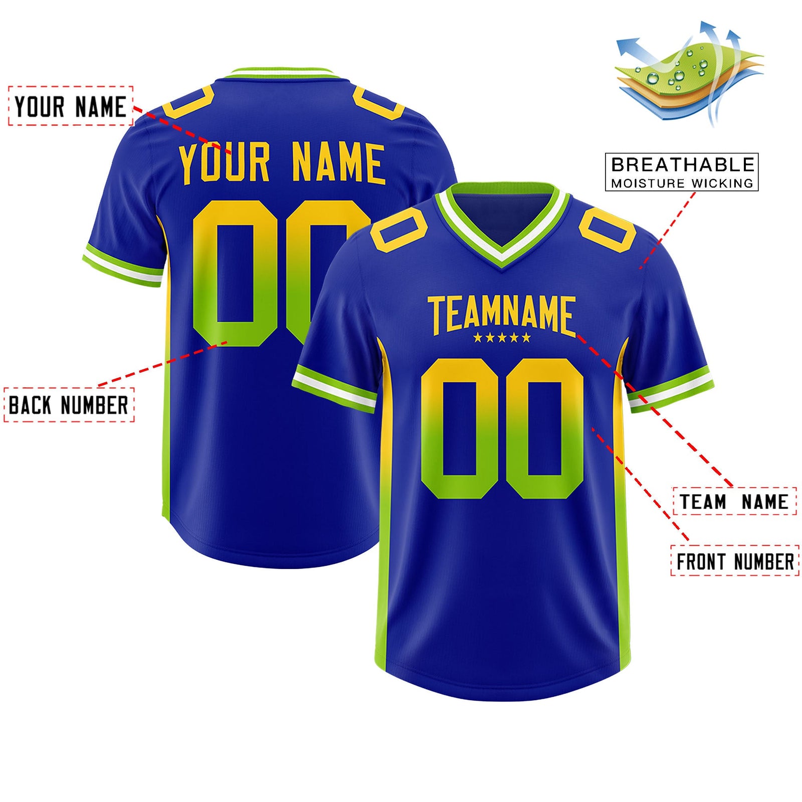 Custom Royal Gold Sides Gradient Fashion Personalized Team Football Jersey