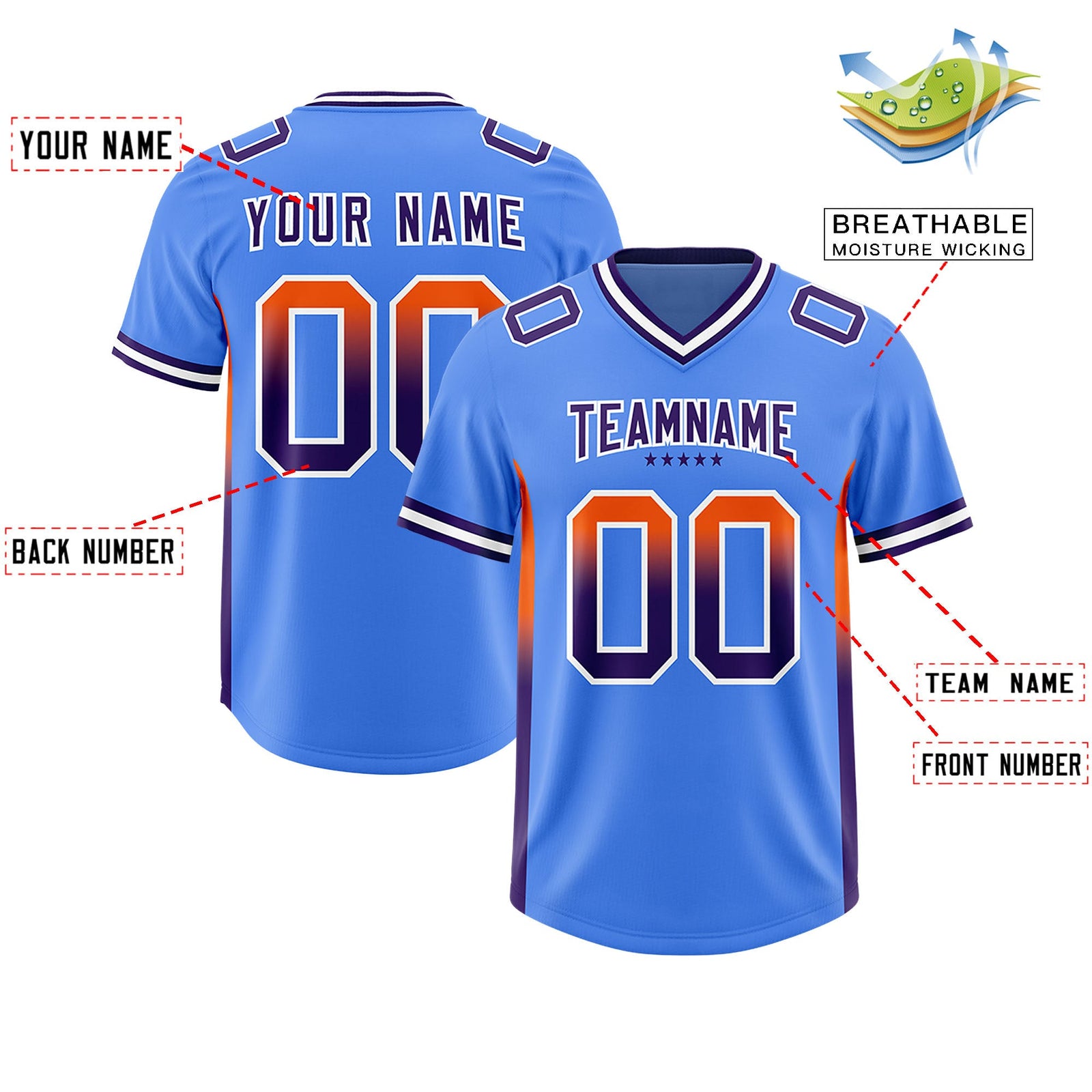 Custom Powder Blue Orange and Purple Sides Gradient Fashion Personalized Team Football Jersey