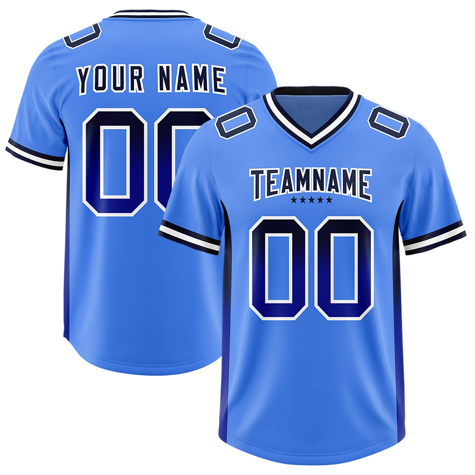 Custom Powder Blue Navy and Royal Sides Gradient Fashion Personalized Team Football Jersey