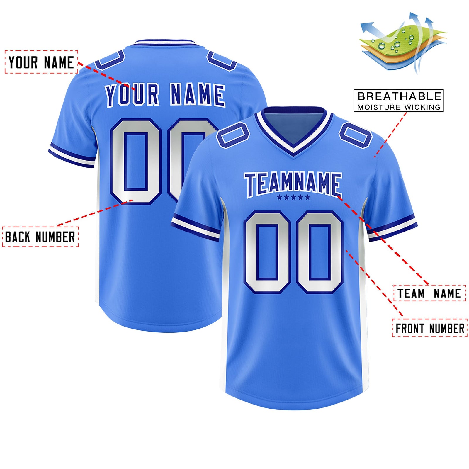 Custom Powder Blue Gray and White Sides Gradient Fashion Personalized Team Football Jersey