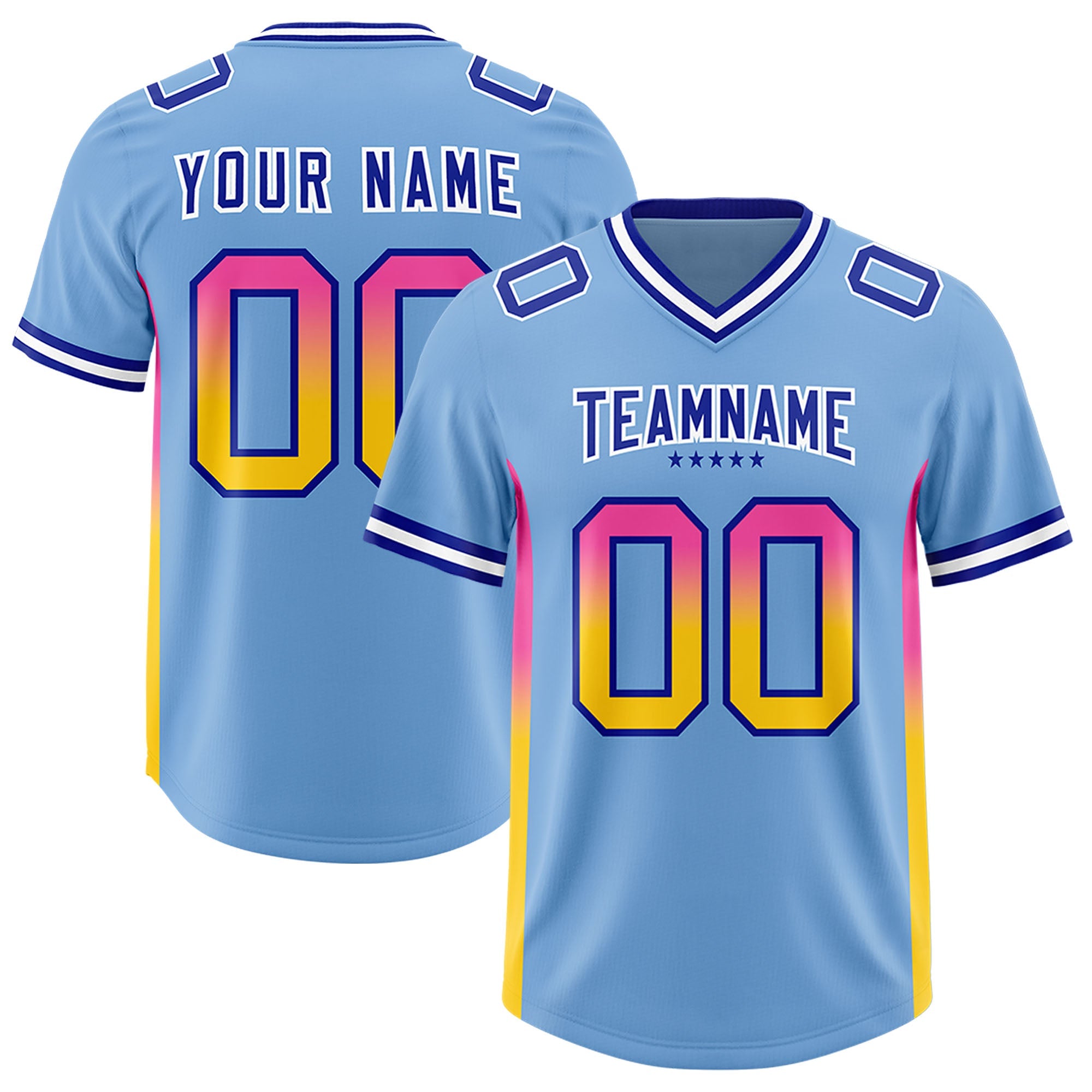Custom Powder Blue Pink and Gold Sides Gradient Fashion Personalized Team Football Jersey