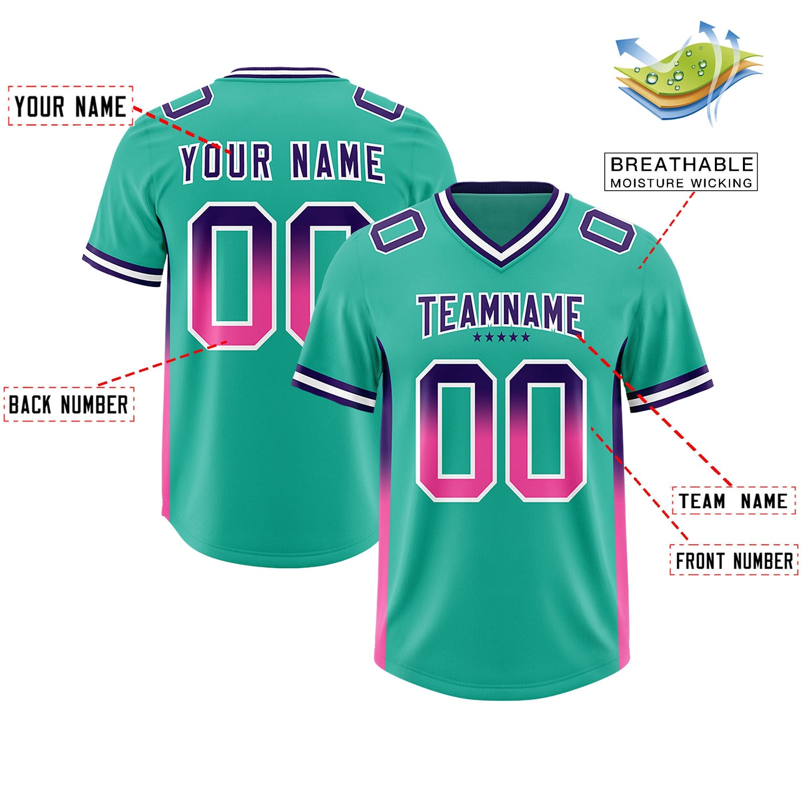 Custom Bright Green Purple and Pink Sides Gradient Fashion Personalized Team Football Jersey