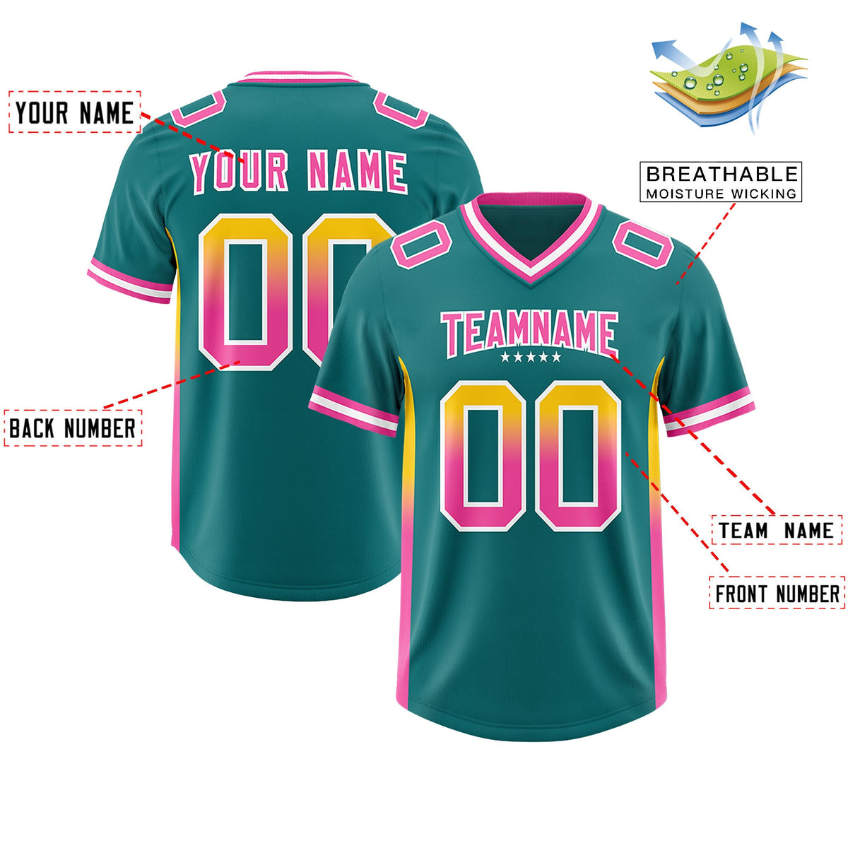 Custom Aqua Gold Sides Gradient Fashion Personalized Team Football Jersey
