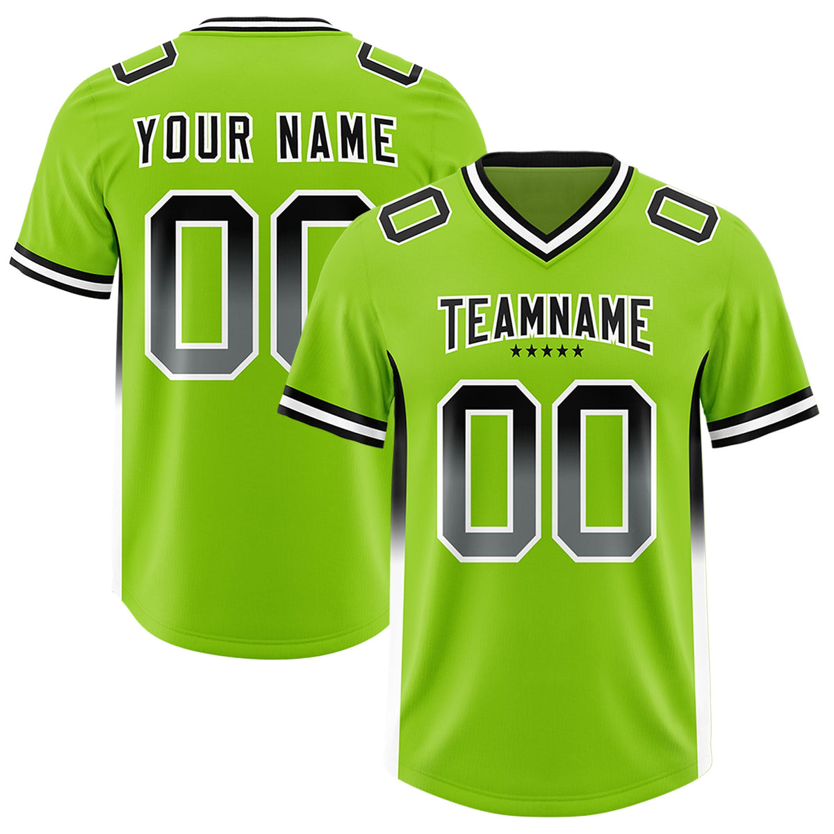Custom Neon Green Black and White Sides Gradient Fashion Personalized Team Football Jersey