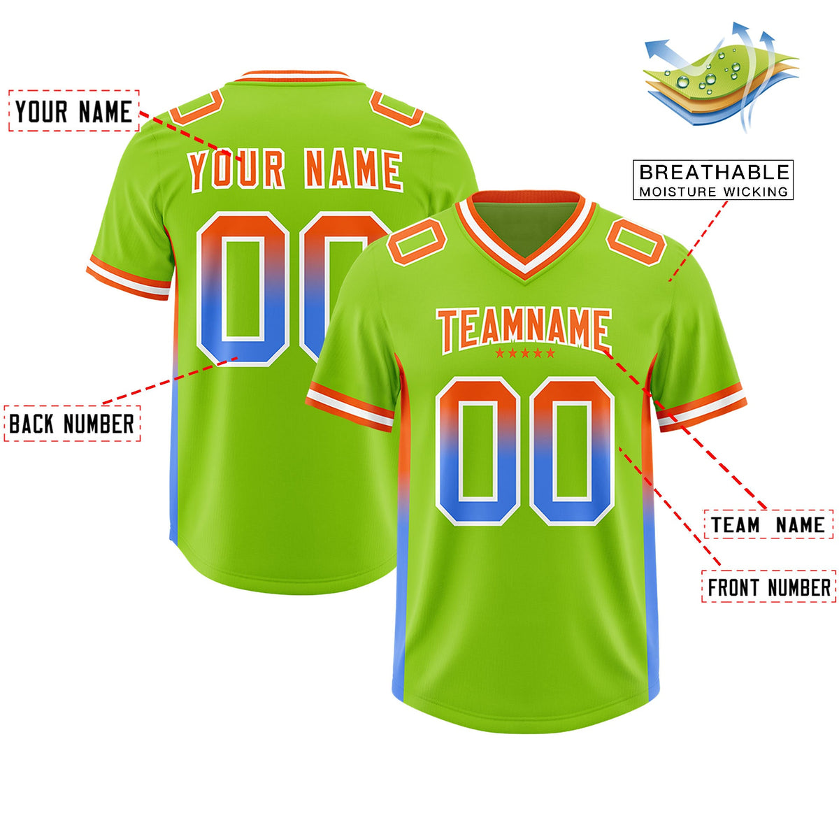 Custom Neon Green Orange and Powder Blue Sides Gradient Fashion Personalized Team Football Jersey