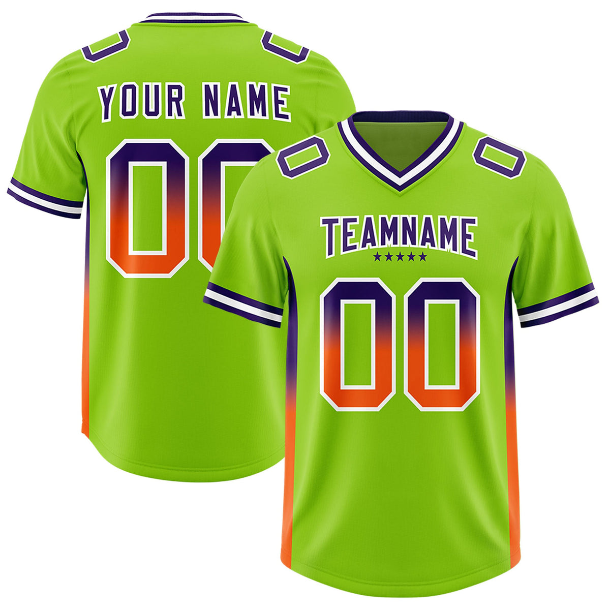 Custom Neon Green Purple and Orange Sides Gradient Fashion Personalized Team Football Jersey