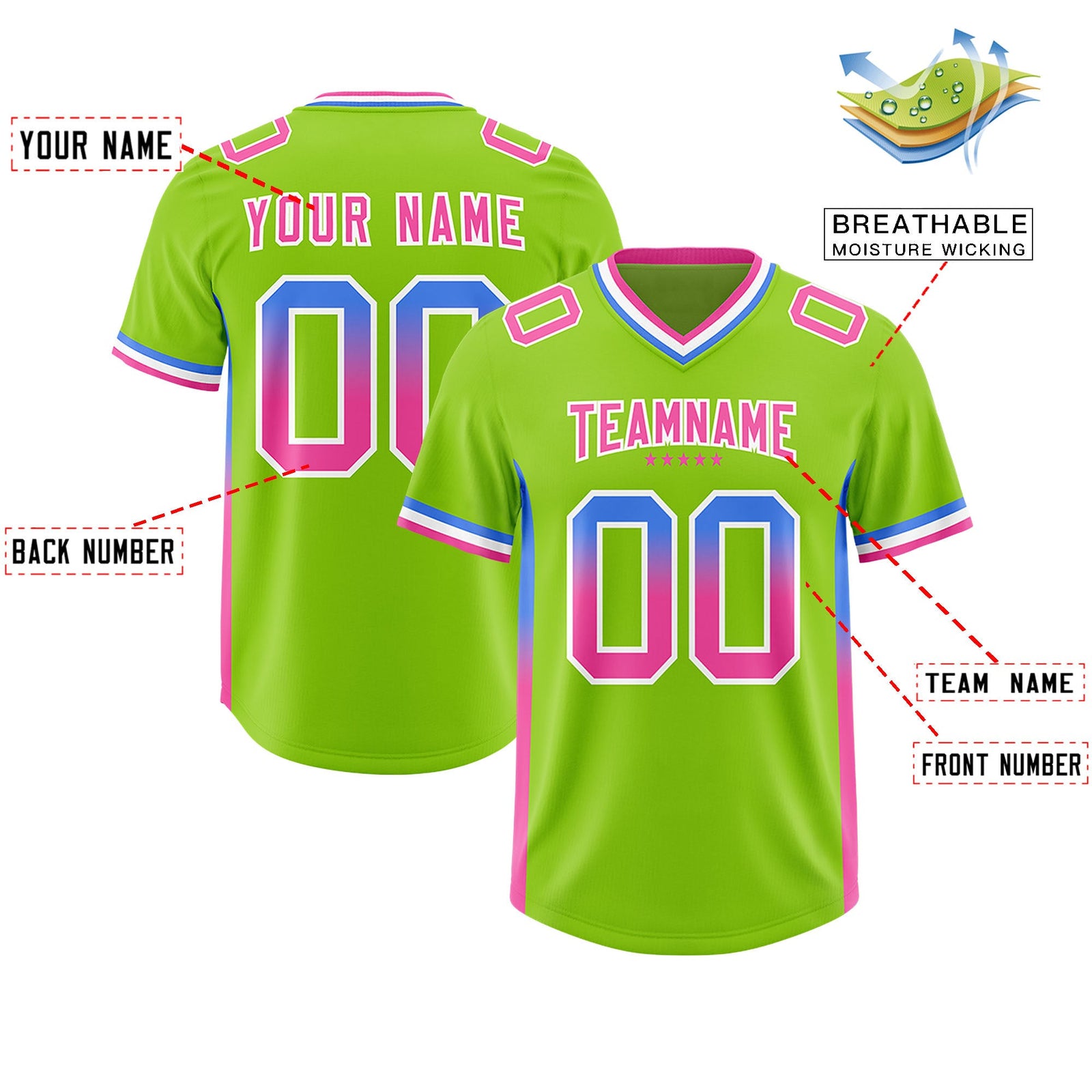 Custom Neon Green Powder Blue and Pink Sides Gradient Fashion Personalized Team Football Jersey