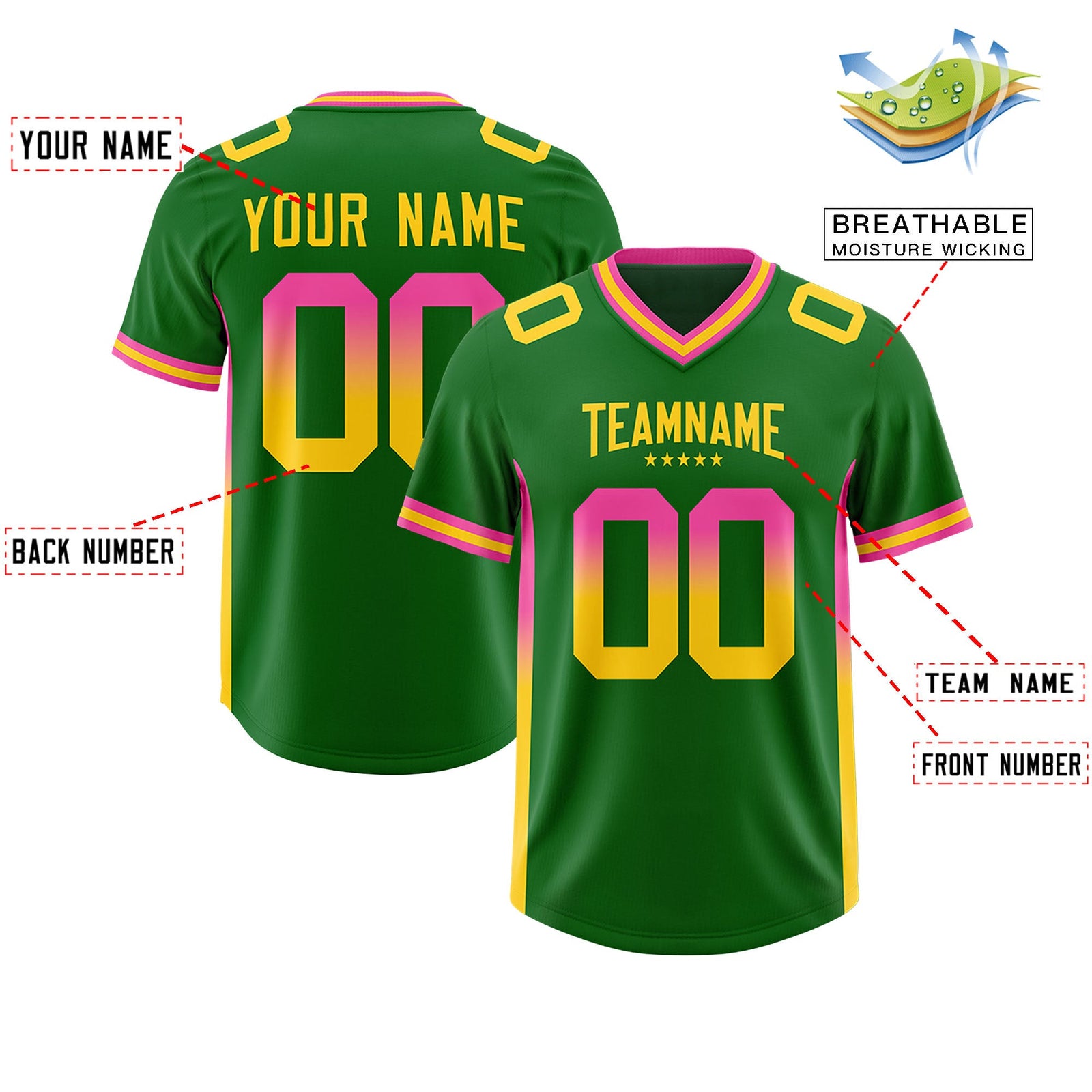 Custom Kelly Green Pink and Gold Sides Gradient Fashion Personalized Team Football Jersey
