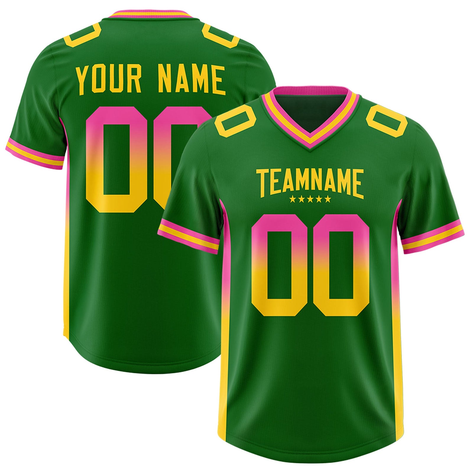 Custom Kelly Green Pink and Gold Sides Gradient Fashion Personalized Team Football Jersey