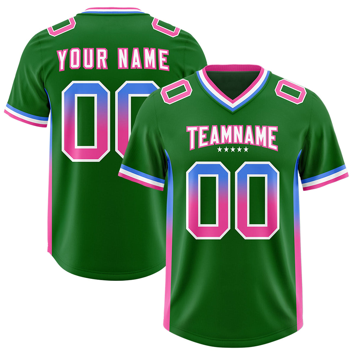 Custom Kelly Green Powder Blue and Pink Sides Gradient Fashion Personalized Team Football Jersey