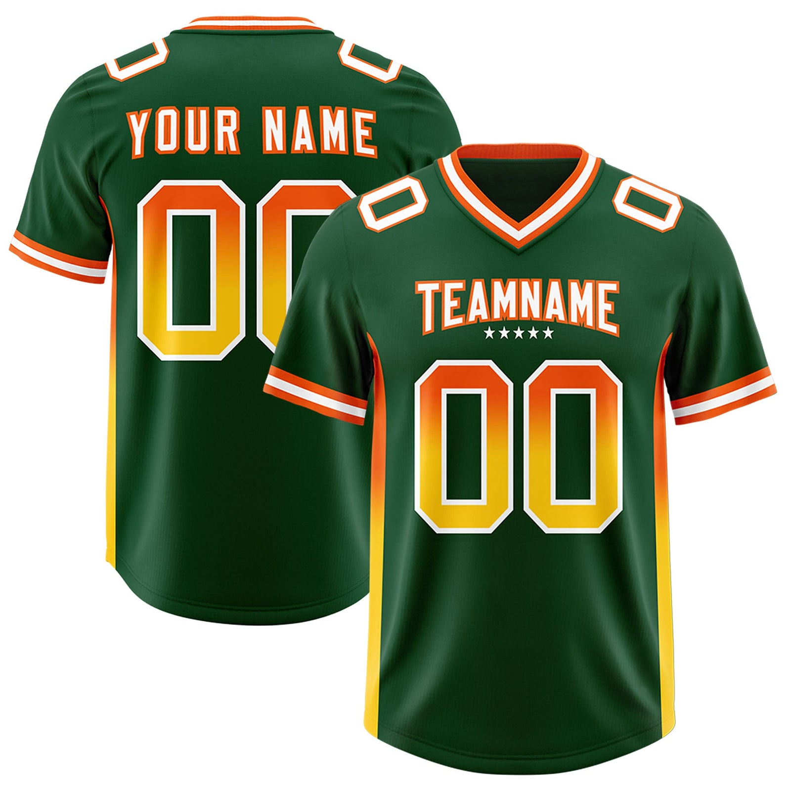 Custom Green Orange and Gold Sides Gradient Fashion Personalized Team Football Jersey