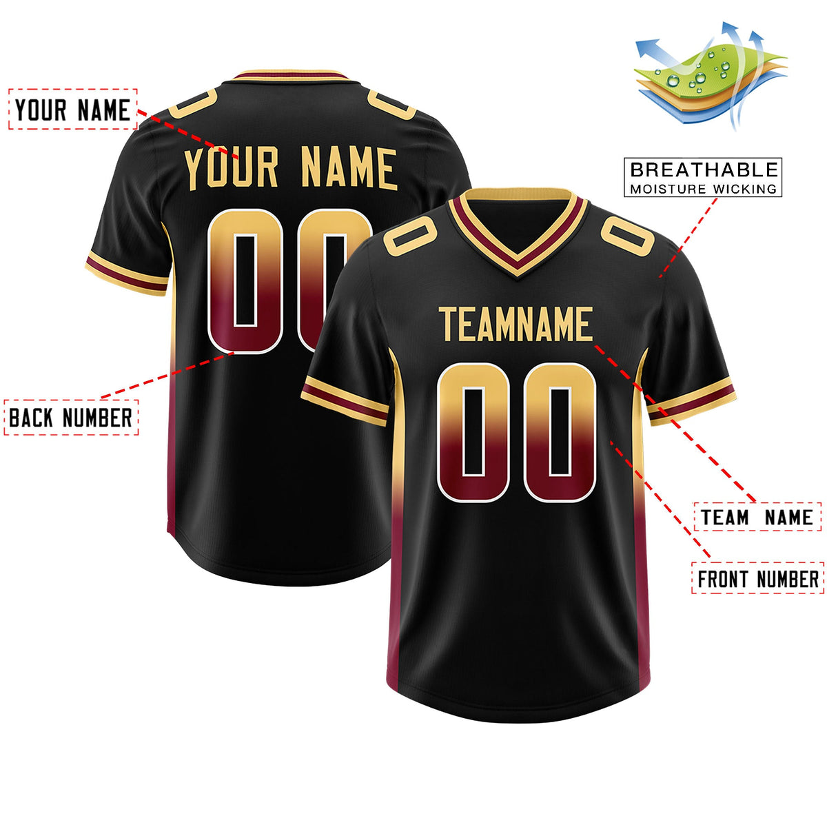 Custom Black Khaki and Cardinal Sides Gradient Fashion Personalized Team Football Jersey