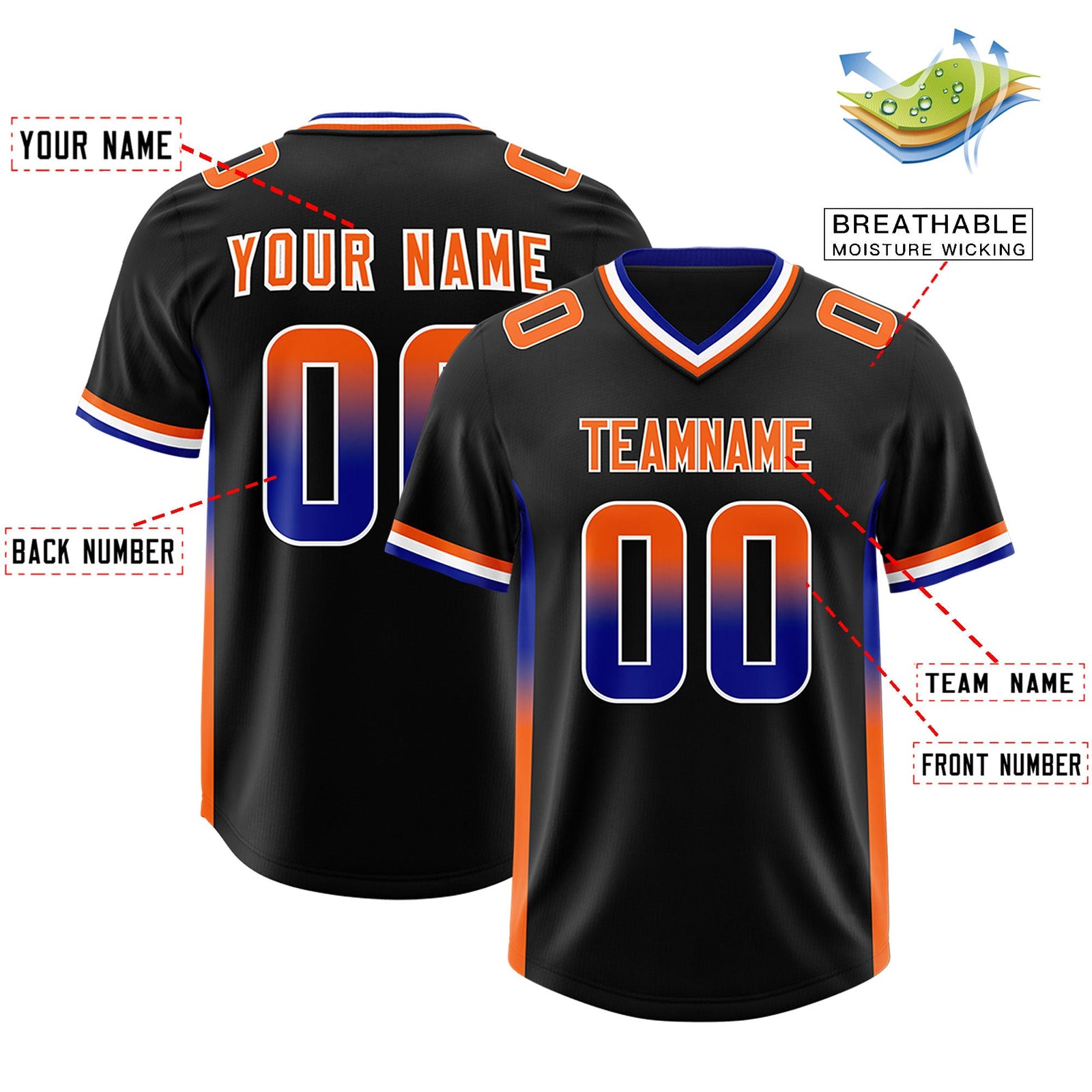 Custom Black Royal and Orange Sides Gradient Fashion Personalized Team Football Jersey