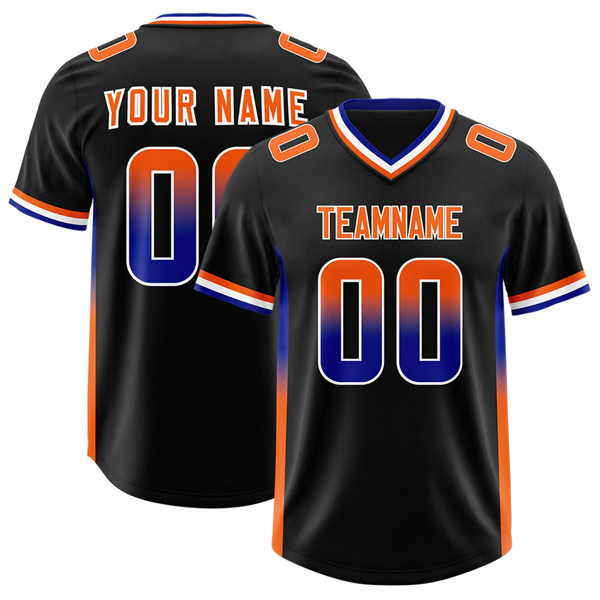 Custom Black Royal and Orange Sides Gradient Fashion Personalized Team Football Jersey