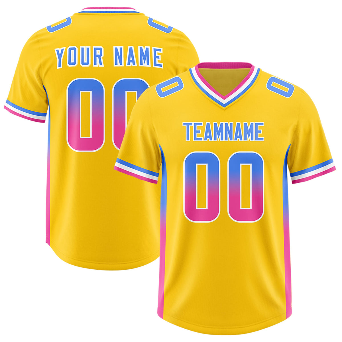 Custom Gold Powder Blue and Pink Sides Gradient Fashion Personalized Team Football Jersey